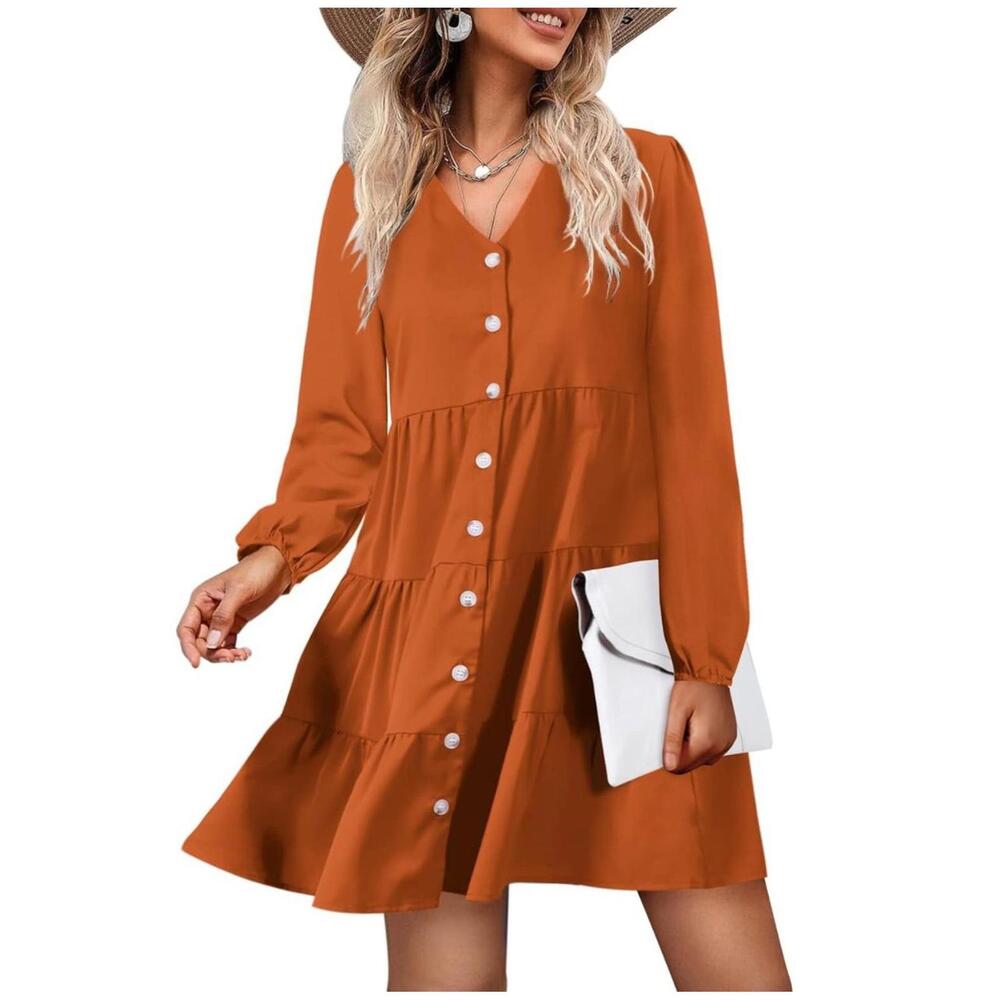 Womens Shift Dresses V Neck Lantern Sleeve Short Dress